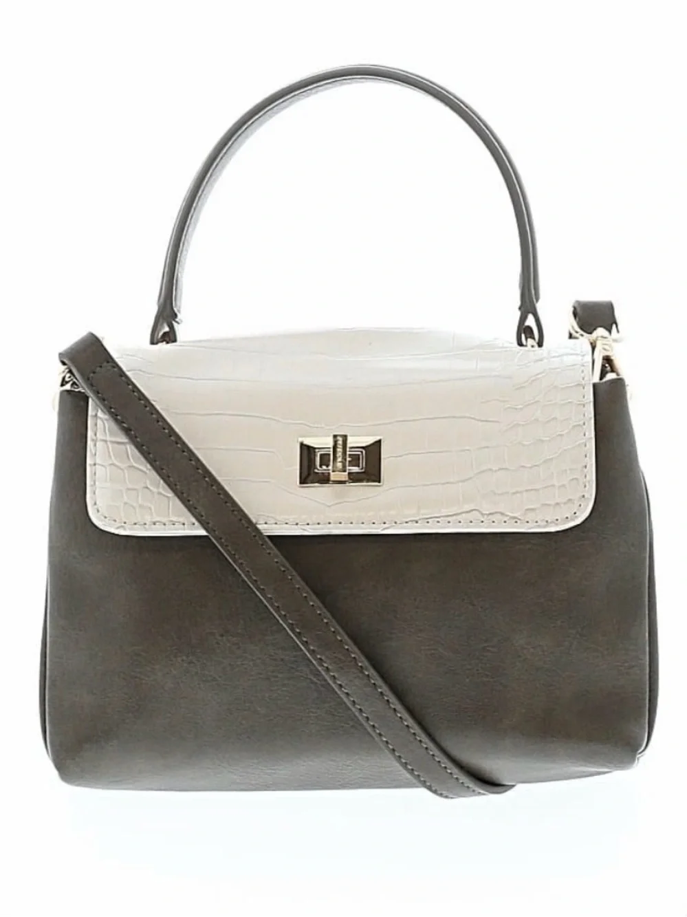 AVECLE Olive Green / White Croc-Embossed Flap Crossbody Gold Turn-Lock Leather F